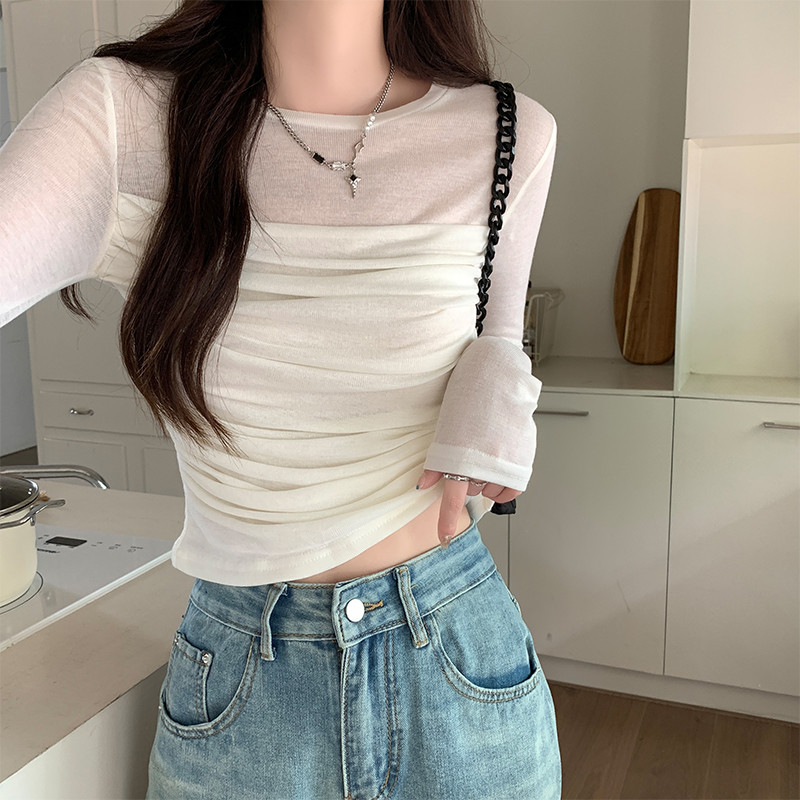 여성 데일리 라운드넥 셔링 긴팔 티셔츠 슬림핏 기본 골지 이너 블라우스 가을 오피스룩 - 상품 이미지