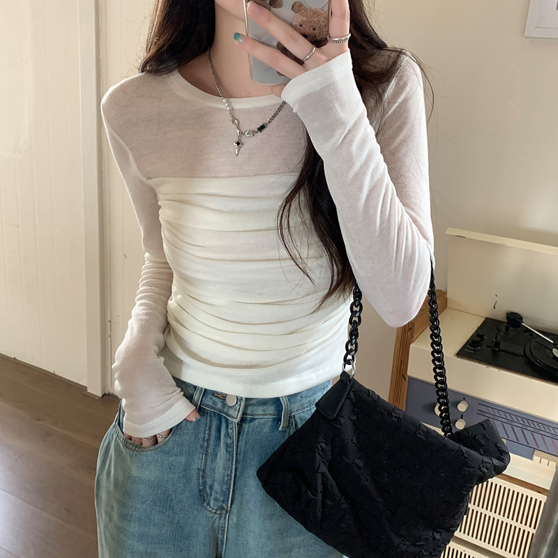 여성 데일리 라운드넥 셔링 긴팔 티셔츠 슬림핏 기본 골지 이너 블라우스 가을 오피스룩 - 상세 이미지 2