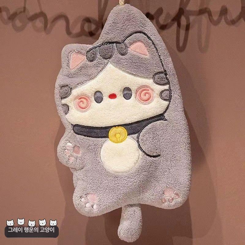 귀여운 고양이 극세사 손수건 걸이형 강력흡수 빠른건조 두꺼운 손타월 그레이 이중층 두꺼운 빠른 흡수 33x1x28mm - 상품 이미지