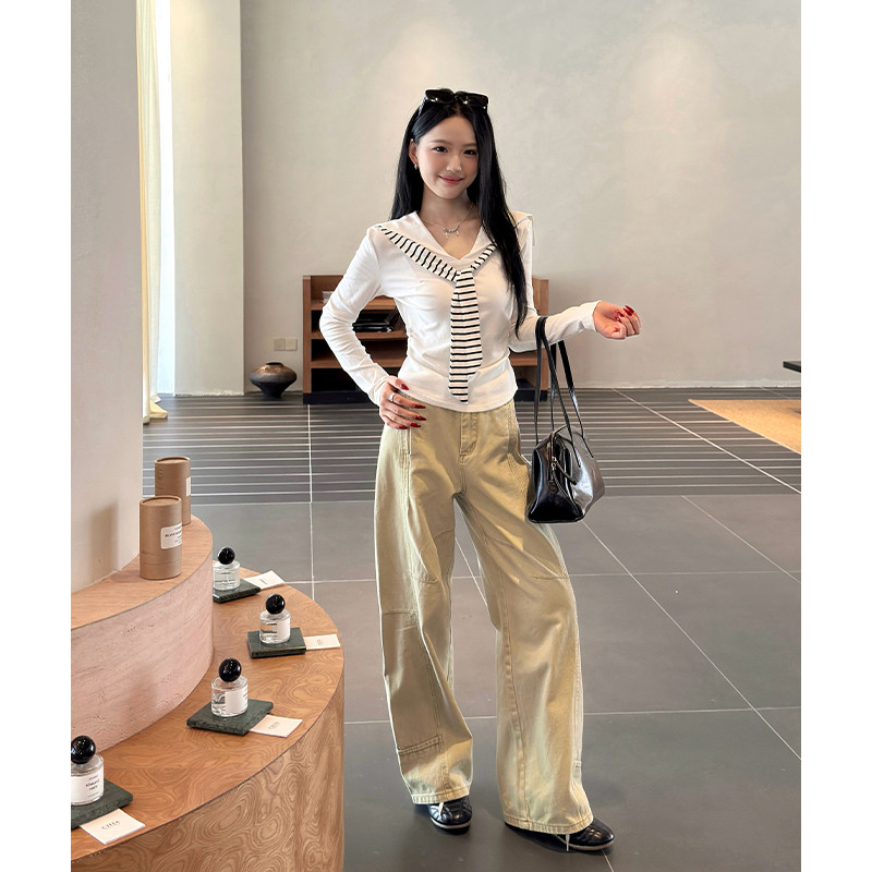 여성 긴팔 스트라이프 티셔츠 칼라 디자인 편안한 착용감 캐주얼 스타일 레이어드룩 가을 - 상세 이미지 2