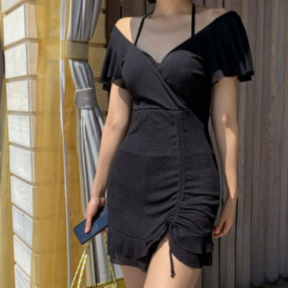 홀터넥셔링 원피스 체형커버 수영복 비치웨어 블랙 XL - 상품 이미지