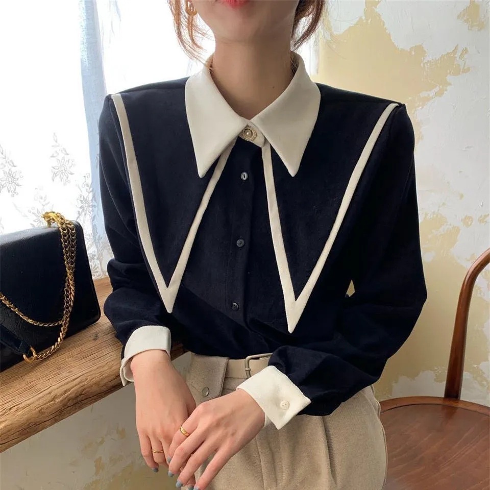 이중카라 빅카라 블라우스 빅사이즈 포인트 하객룩 볼륨 퍼프 셔링 데이트룩 롱슬리브 긴팔 - 상세 이미지 3