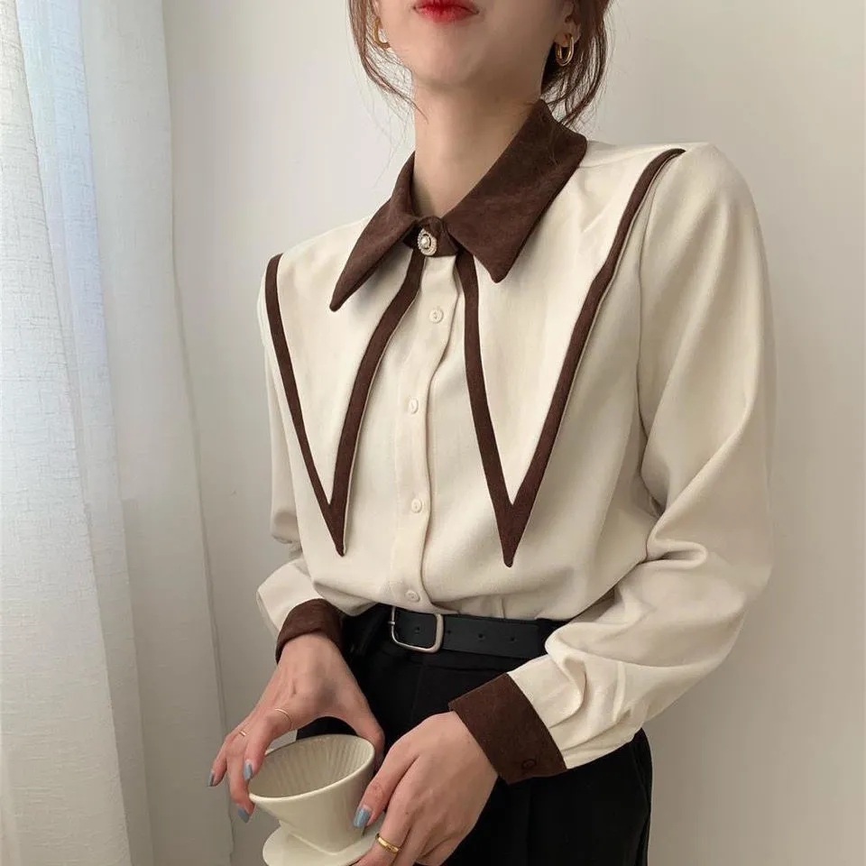 이중카라 빅카라 블라우스 빅사이즈 포인트 하객룩 볼륨 퍼프 셔링 데이트룩 롱슬리브 긴팔 - 상품 이미지