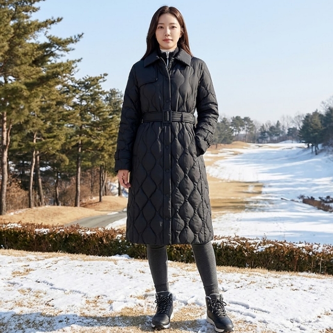 헤지스골프 여자 골프웨어 퀼팅패딩 롱코트 덕다운 슬림 롱패딩 다운점퍼 - 상품 이미지