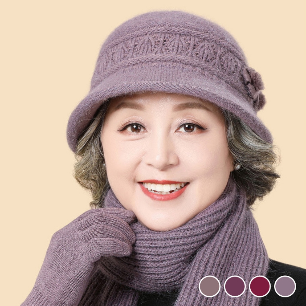 여성 중장년 패션 예쁜 꽃무늬 장식 방한 캡모자 머플러 세트 - 상품 이미지
