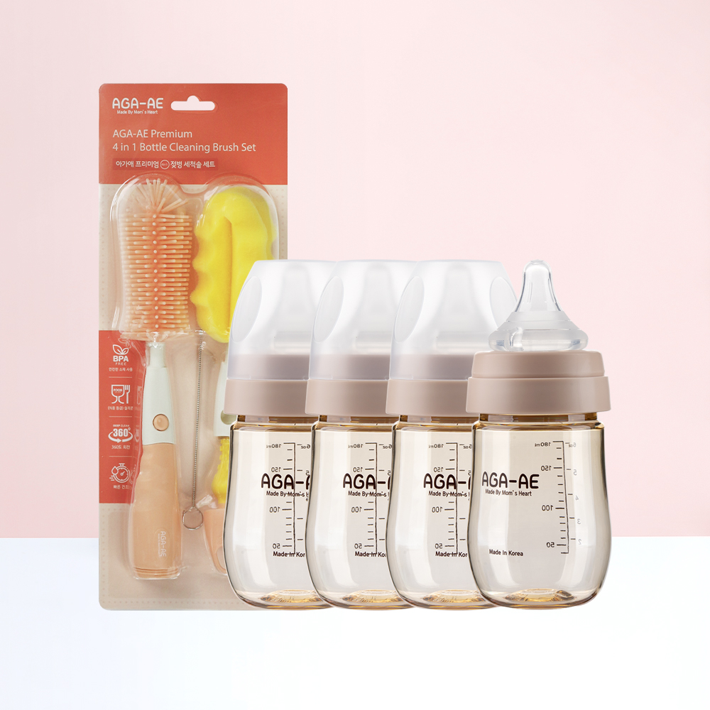 아가애 프리미엄 PPSU 젖병 (젖꼭지 니플 포함) 180ml, 웜핑크, 4개 - 상품 이미지