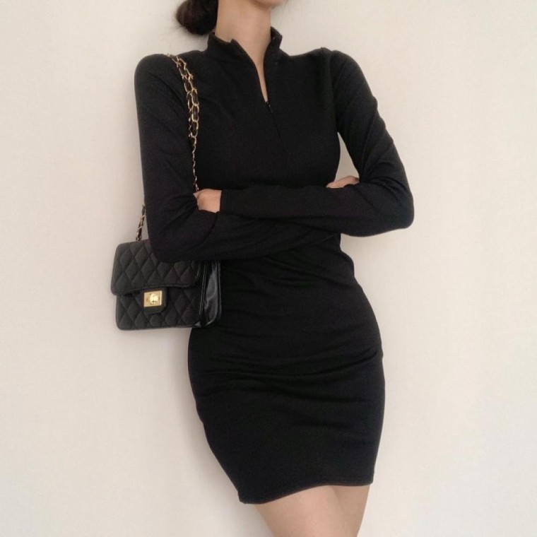 지퍼넥 캐주얼 슬림핏 골지 미니 원피스 여리여리핏 - 상품 이미지