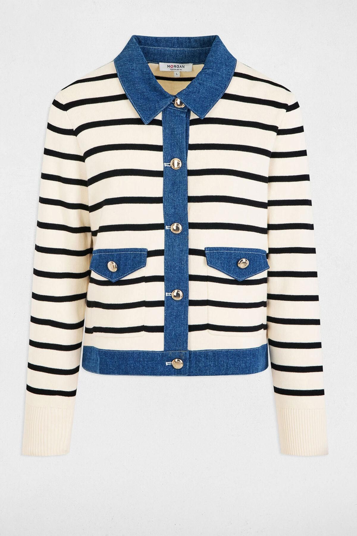 모르간 스트라이프 데님 포인트 크롭 가디건 3763141 ESTAMPADO AZUL - 상품 이미지