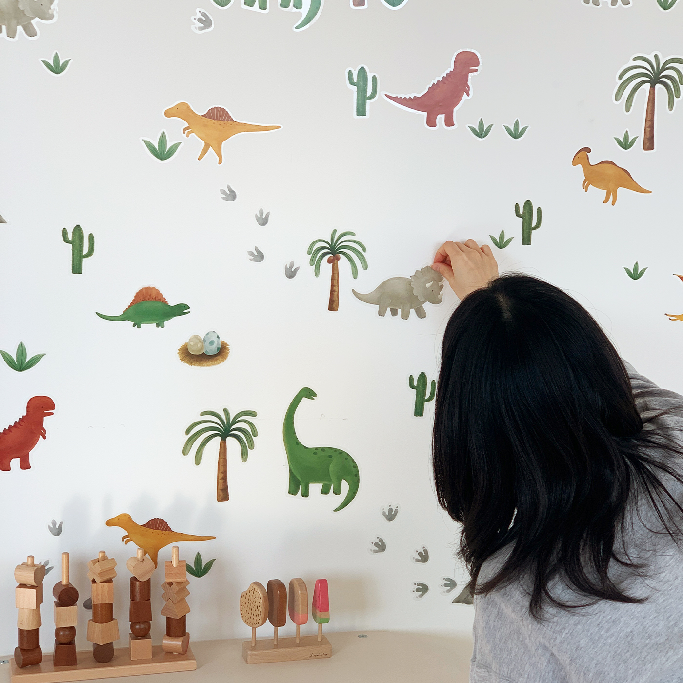 1+1 아카시아봉봉 국내제작 아기방 벽지 공룡 포인트 스티커 시트지 6장세트