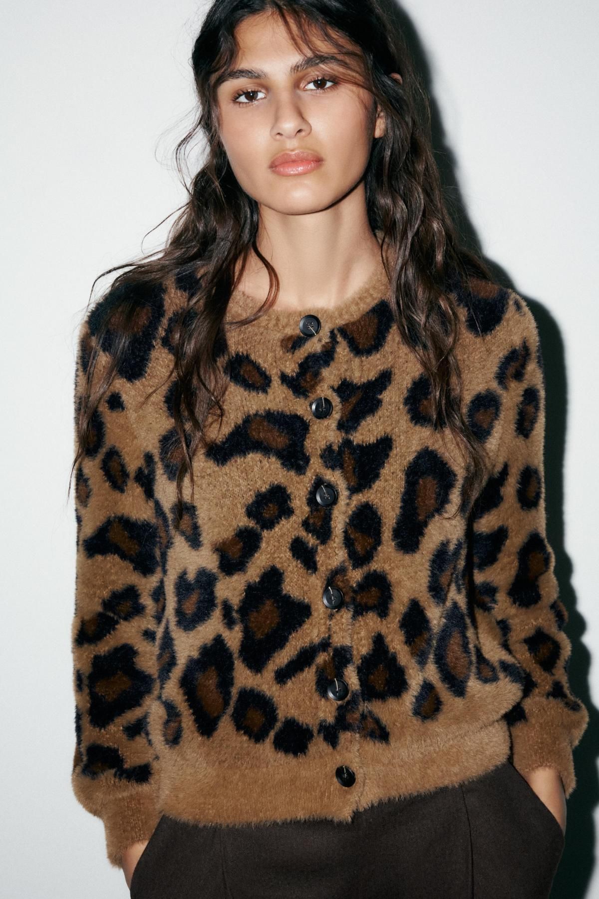 자라 레오파드 자카드 라운드넥 니트 가디건 6771/157 LEOPARD - 상세 이미지 4