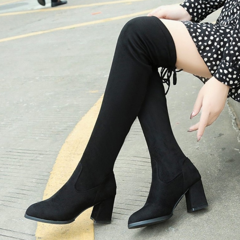 기모 여성 겨울 스웨이드 롱 부츠 슬림 삭스 힐 - 상품 이미지