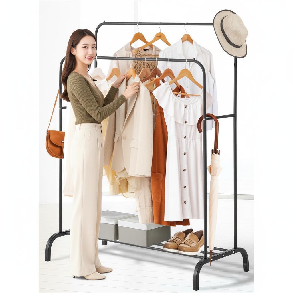 리브리움 2단 행거 조립식 튼튼한 선반 스탠드 이동 옷걸이 거치대. 바퀴형 의류 수납장