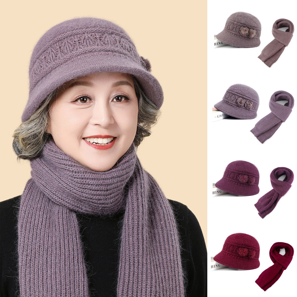 중년 장년 할머니 어머니 겨울 방한 꽃장식 캡모자 머플라 방한 세트 - 메인 이미지