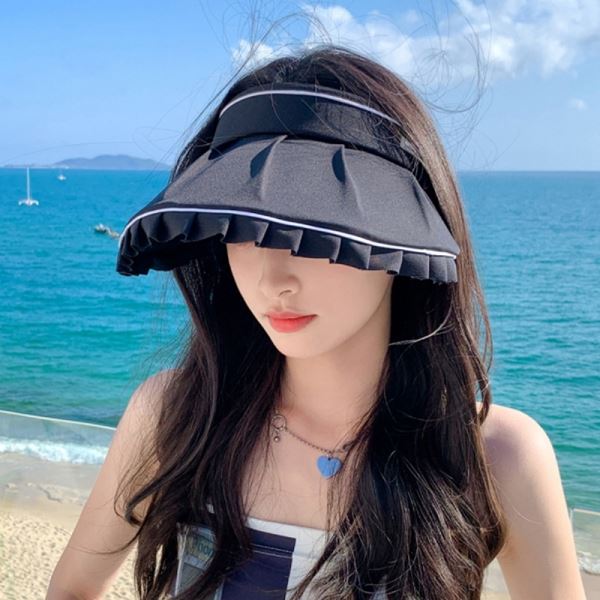 와이드 프릴리즈 블랙 여름모자 스트랩 썬캡 크로스백 - 상품 이미지