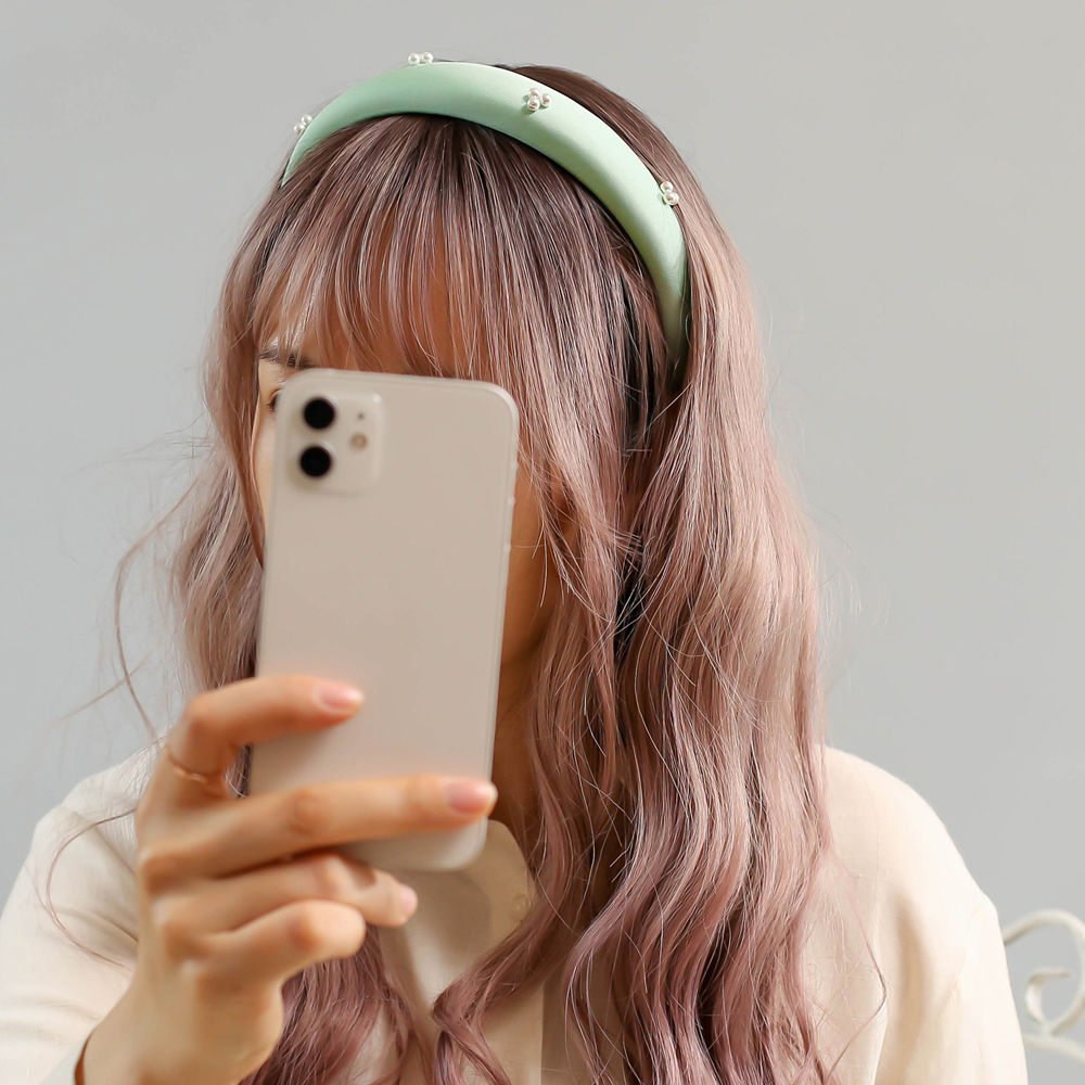 새틴머리띠 새틴 진주 볼륨 헤어밴드 민트 머리띠 새틴헤어밴드 - 상품 이미지