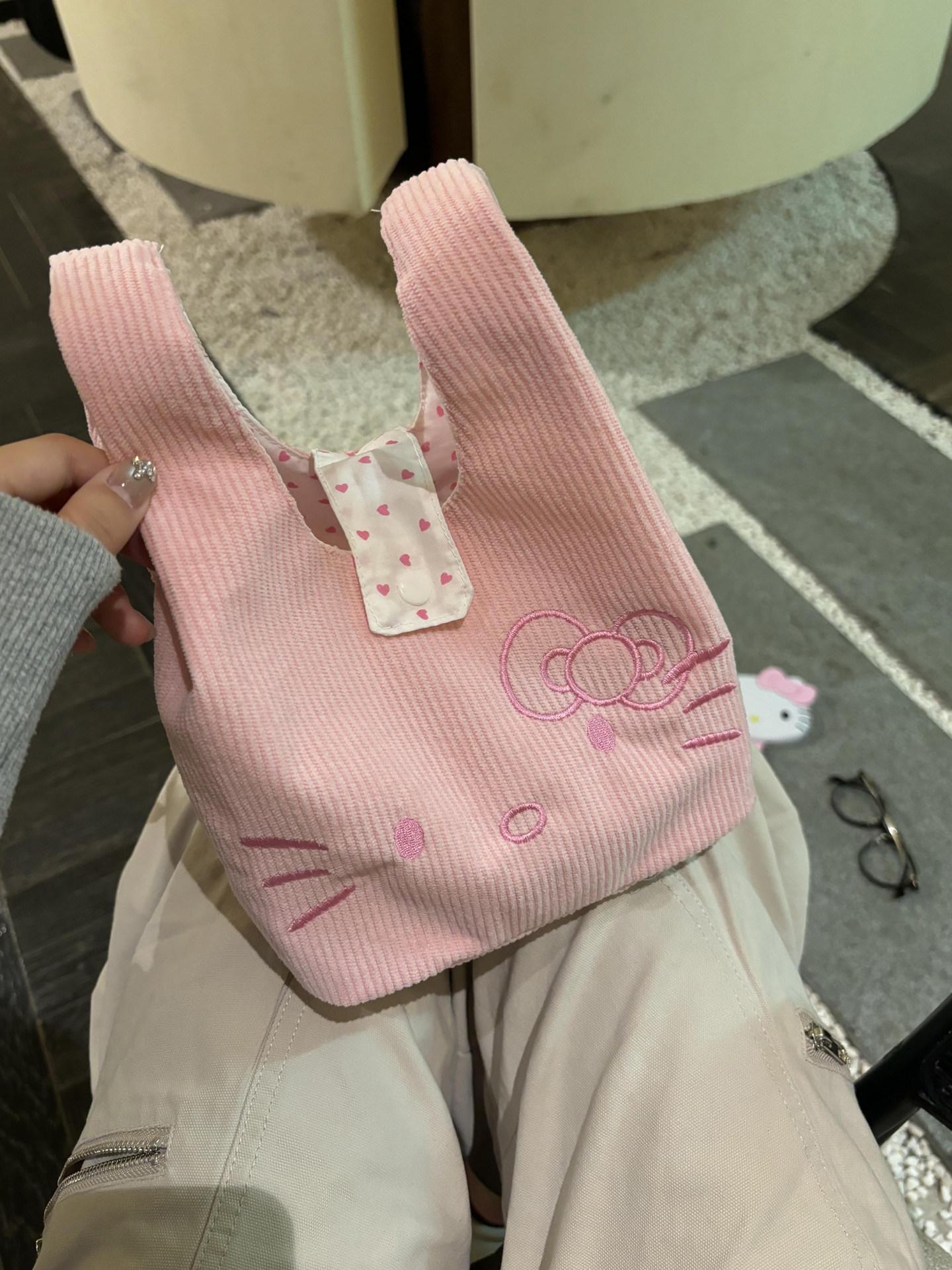 헬로키티 코듀로이 토트백 손목 가방 캔버스 미니 핸드백 파우치 수납백 보조 핑크 코듀로이 토트백 - 상품 이미지