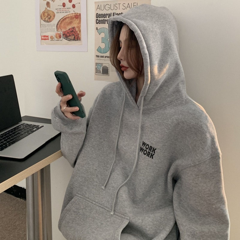 여성 심플한 베이직 겨울 기모안감 오버핏 캐주얼 후드 티셔츠 - 상품 이미지