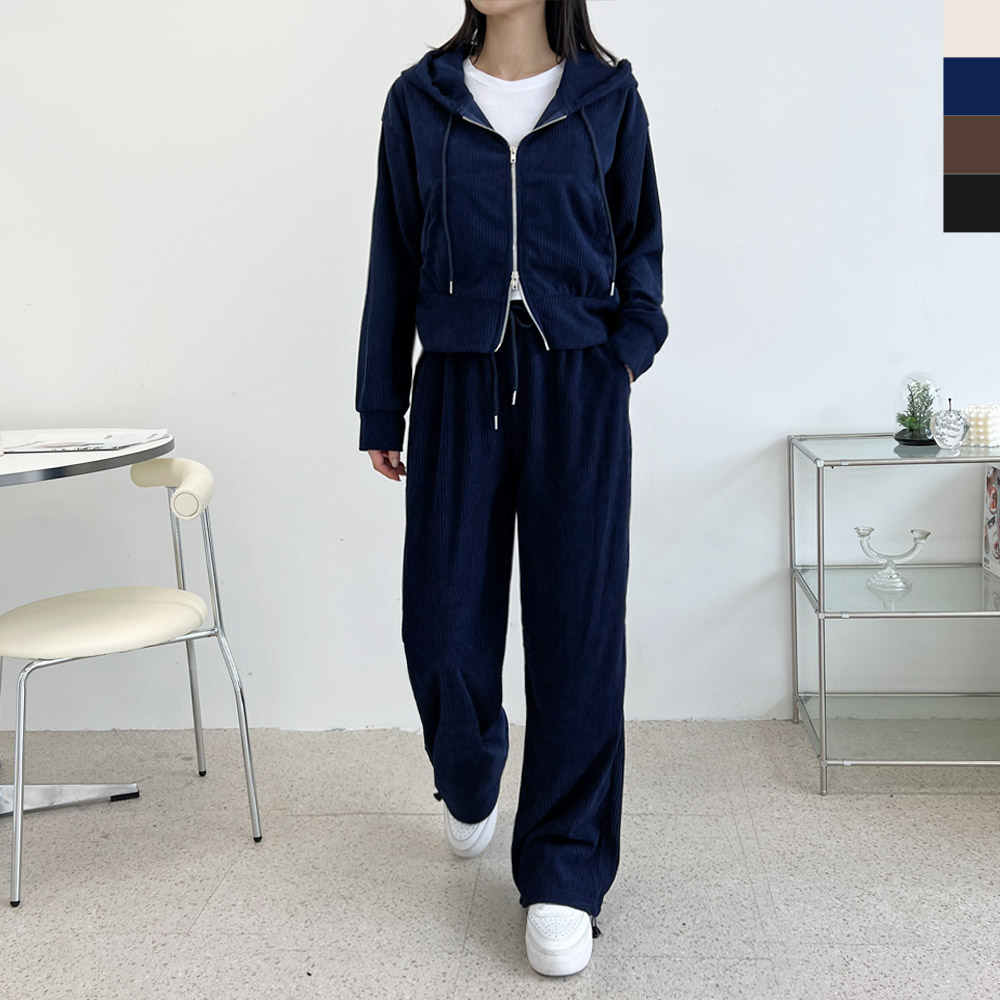 GAA FW1040W 여자 코듀로이 골덴 후드 집업 와이드 조거 트레이닝 세트 - 상품 이미지