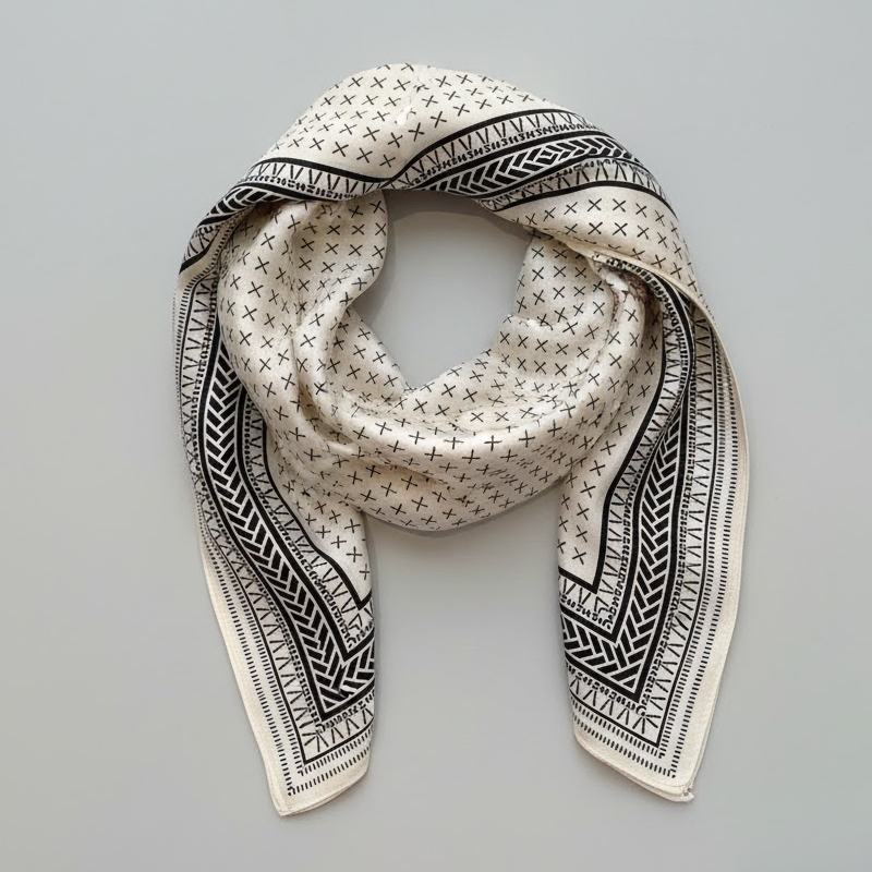 여성 베이지 패턴 실크 사각 스카프