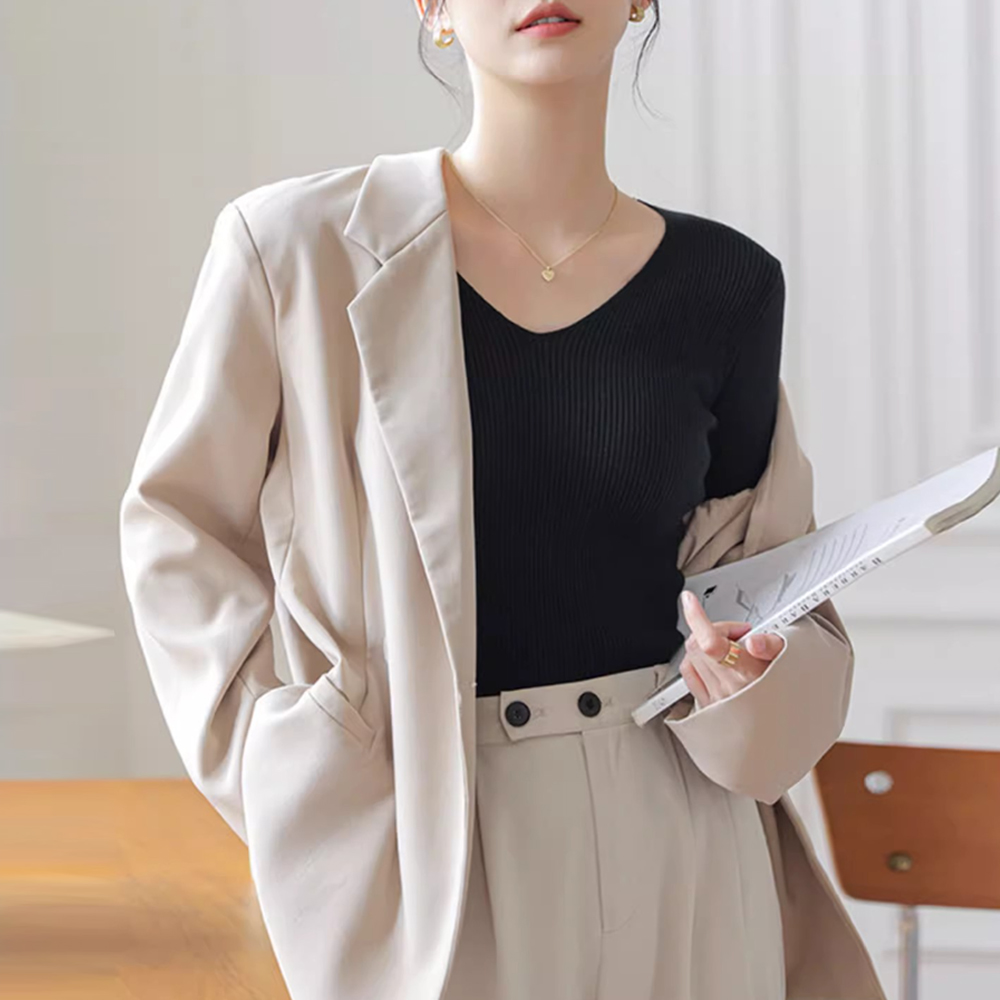 F007591_브이넥 골지니트 슬림골지 이너니트 티셔츠 - 상세 이미지 4