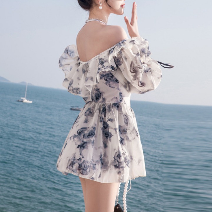 쉬폰 플라워 휴양지 바캉스 모노키니 원피스 수영복 - 상품 이미지