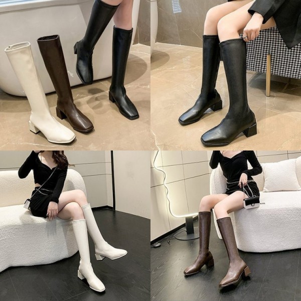 슬림 뒷지퍼 통굽 스퀘어핏롱부츠 통부츠 심플 여성신발 여성부츠 통굽롱부츠 스퀘어부츠 발편한 - 상품 이미지