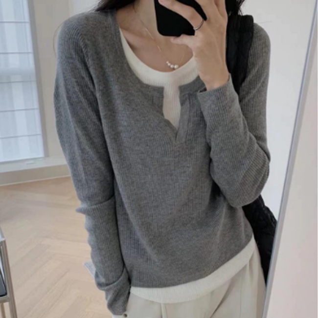 여성 슬릿 데일리 레이어드 긴팔 티셔츠 DHH-L22 - 상품 이미지