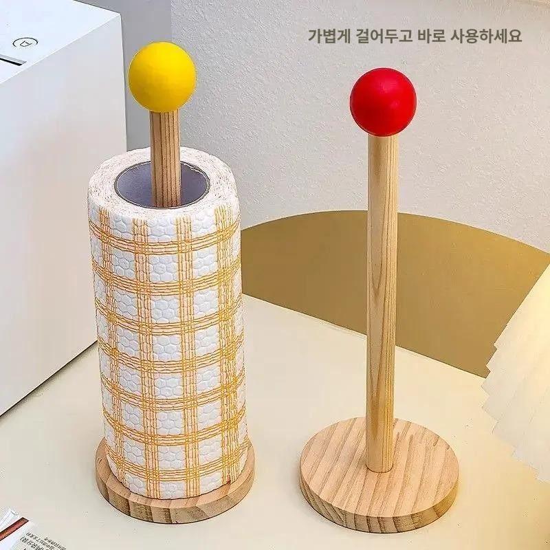 주방 키친타월 거치대 원목 스탠드 볼 손잡이 종이타월 홀더 핑크볼 1개 - 상세 이미지 4