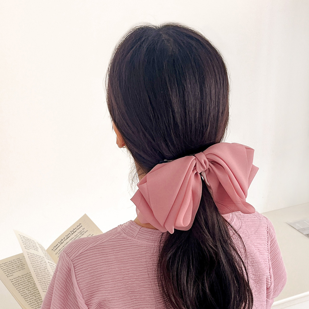 리본자동헤어핀 쉬폰 겹날개 러블리 헤어핀(핑크) 리본핀 큐빅헤어핀 - 상품 이미지