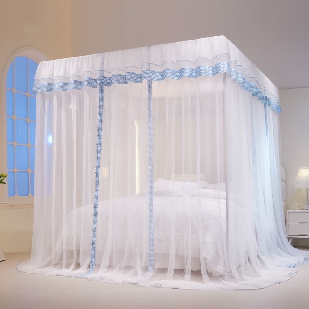 체크 커튼형 침대모기장 150cmx200cm 블루 - 메인 이미지