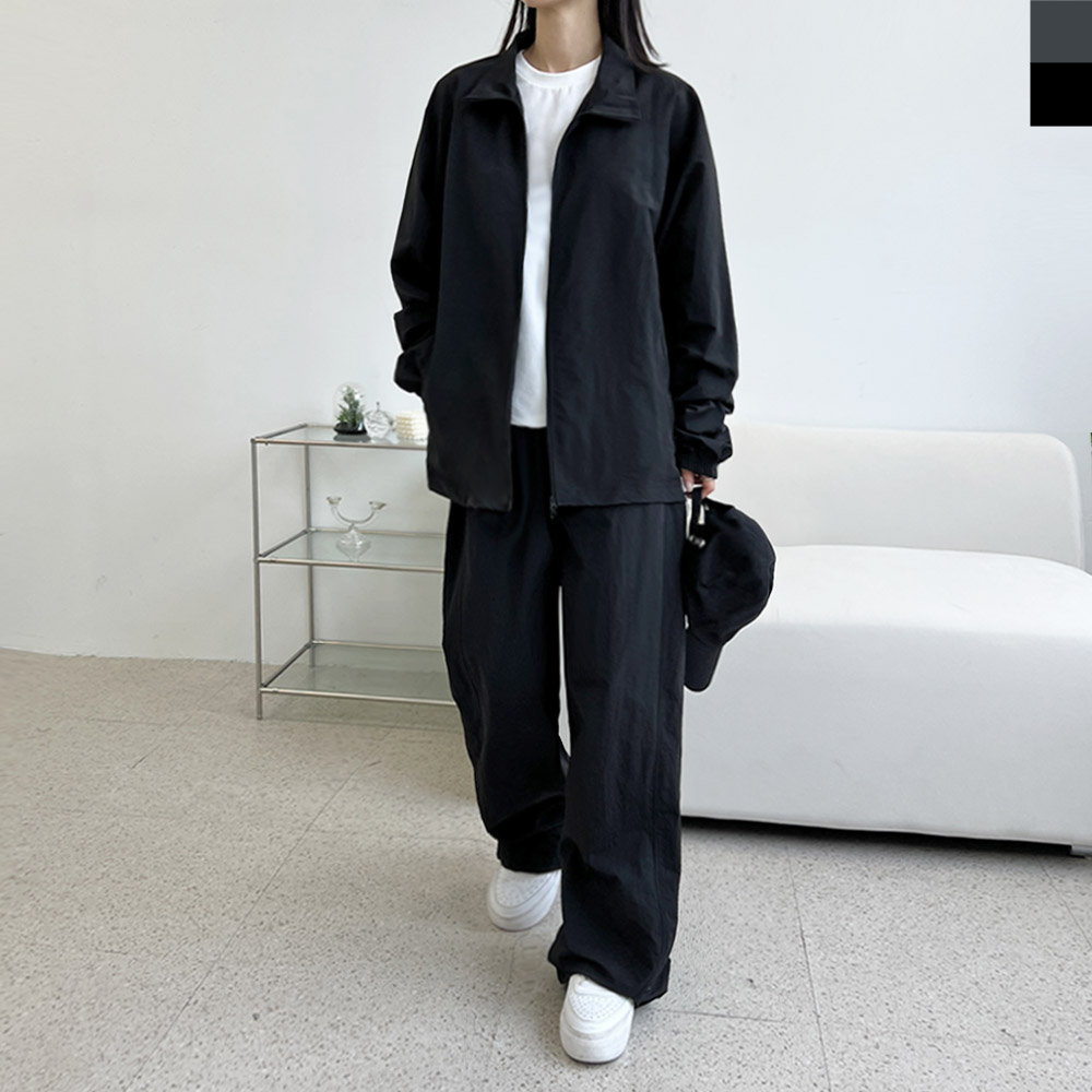 GQQ SF1033W-SF1034W 여자 오버핏 하프넥 집업 바람막이 나일론 와이드 바지 세트 - 상품 이미지