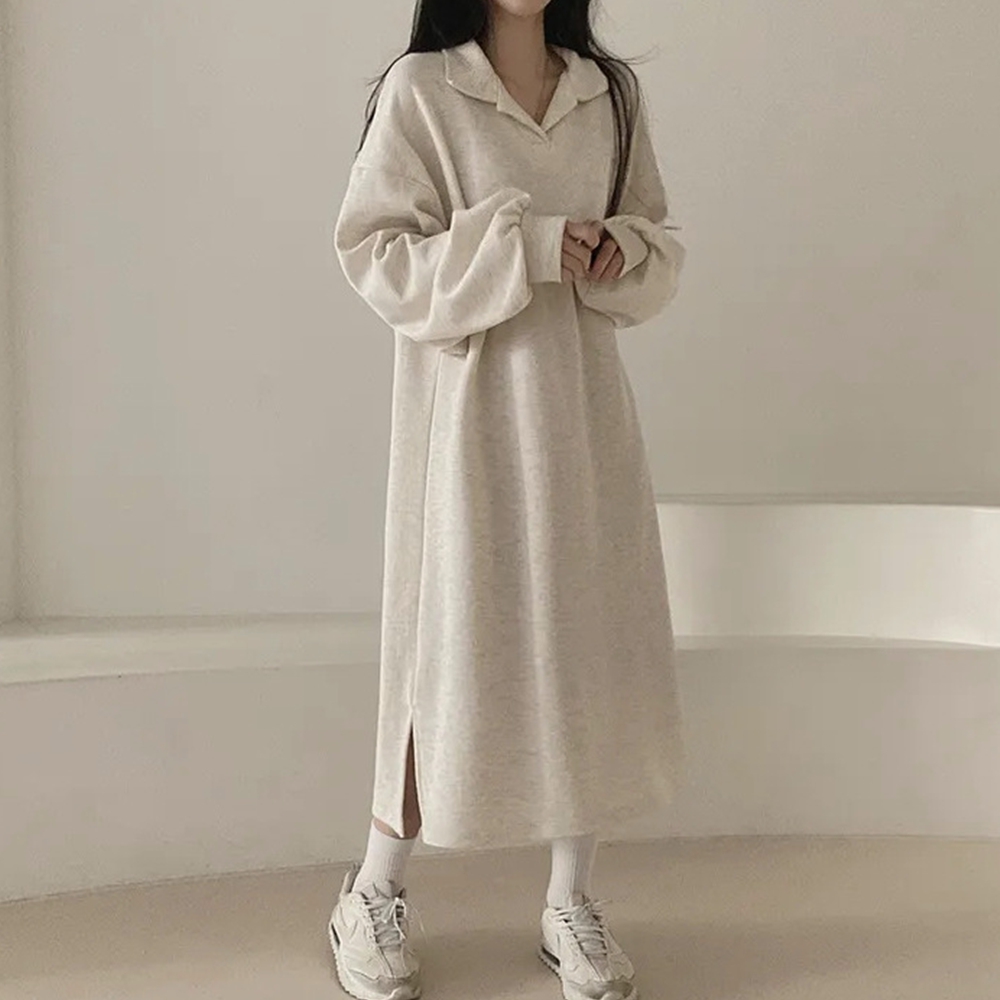 CONL3258 오픈 카라 루즈핏 박시핏 기모 롱 원피스 체형커버 - 상품 이미지