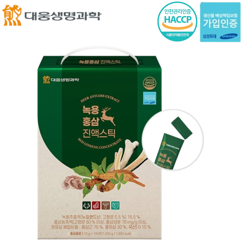 대웅생명과학 프리미엄 녹용 홍삼 진액 스틱 100포 1박스 6년근 생신 감사 인사 선물 - 상품 이미지
