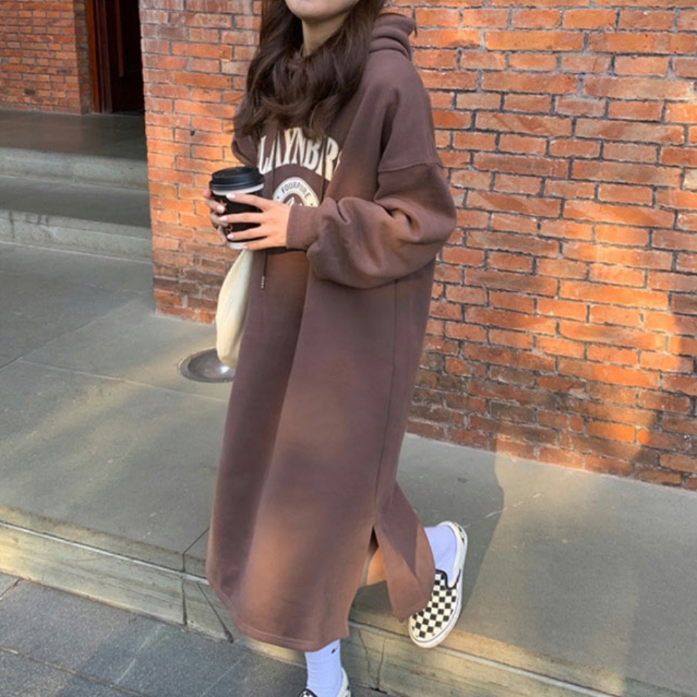 데일리 편한 여성 롱 후드 원피스 기모 캐주얼 티셔츠 - 3컬러 - 상품 이미지