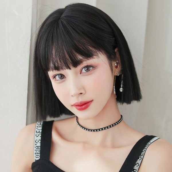 여성가발 통가발 헤어시크 칼단발 내추럴블랙 앞머리가발 단발머리통가발 단발머리가발 짧은머리가 - 상품 이미지
