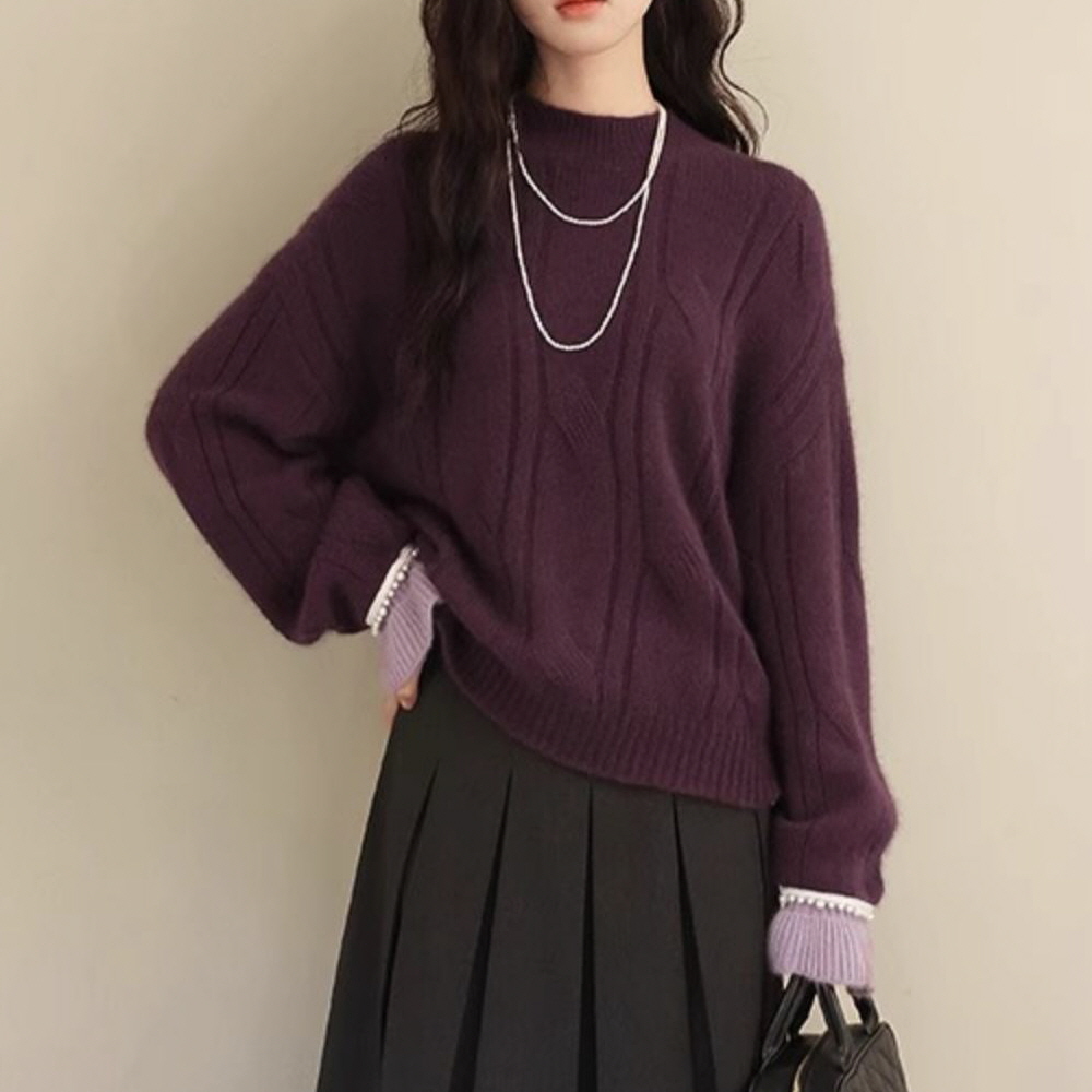 1004754 스웨터 진주 소매 포인트 투톤 루즈핏 퍼플 - 상품 이미지