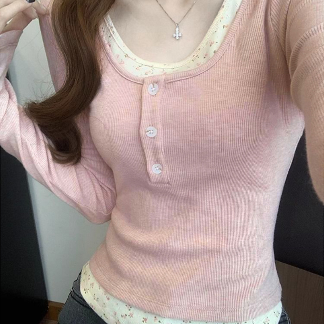 여성 플라워 레이어드 러블리 골지 티셔츠 DHH-L03 - 상품 이미지