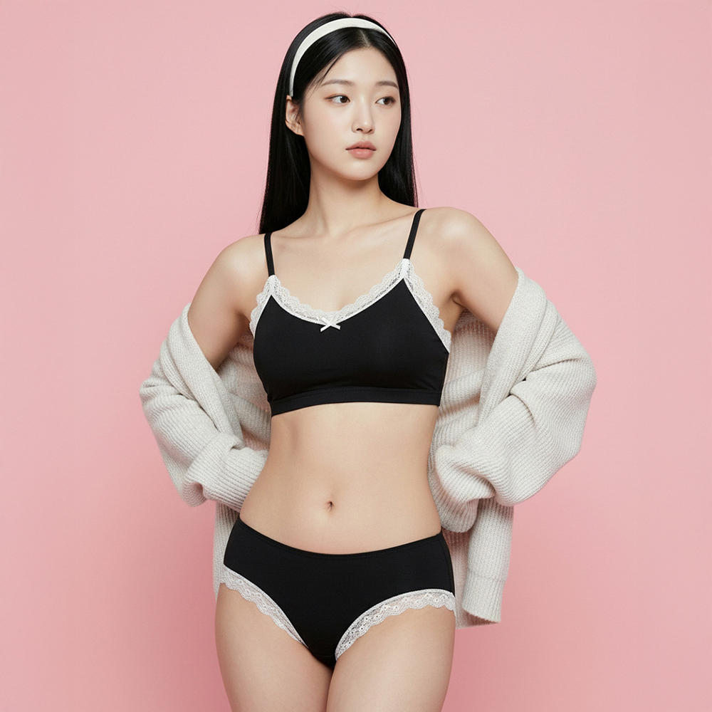 여성 밤부레이온 패드일체형 브라탑 팬티 세트 레이스 노와이어 이너웨어 - 상세 이미지 5