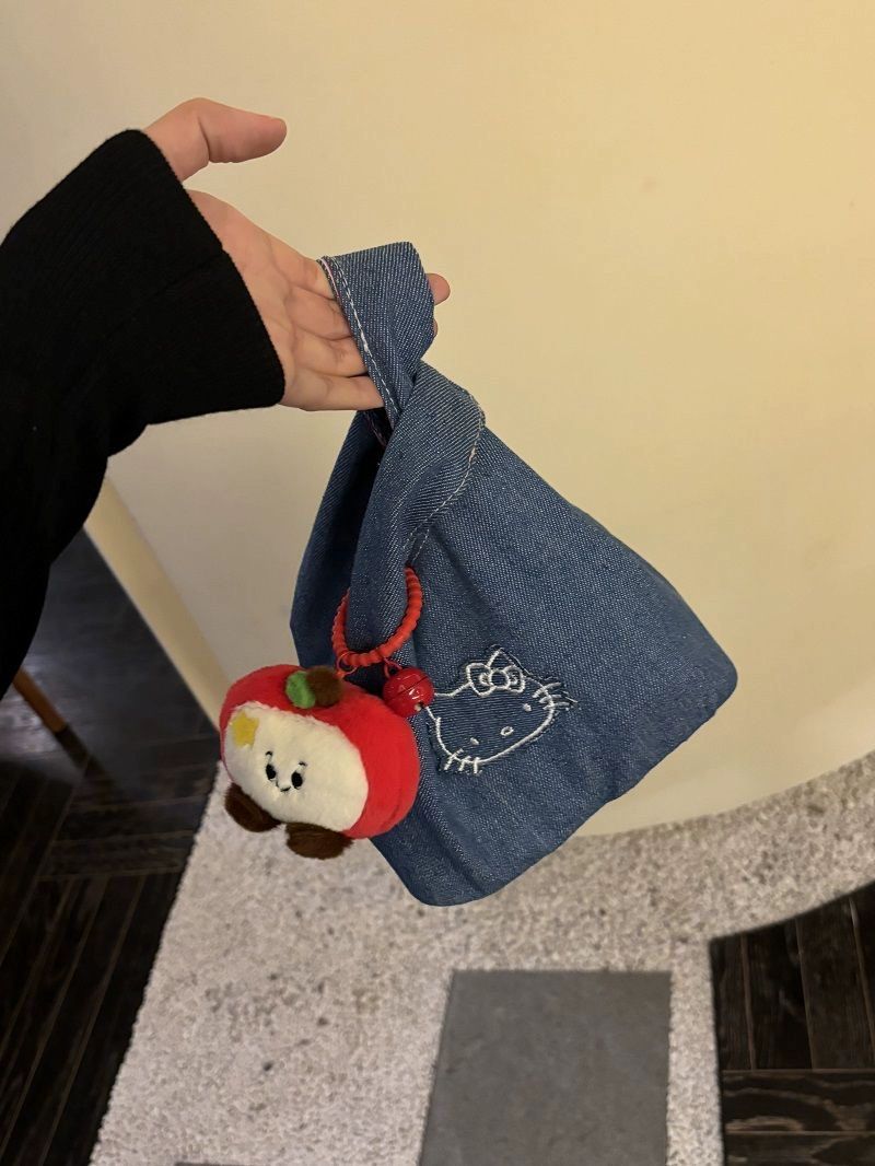 자수 데님 토트백 손목 가방 미니 핸드백 화장품 파우치 수납백 데님 손목 가방 1개 - 애플 장식품 없음 - 상세 이미지 4