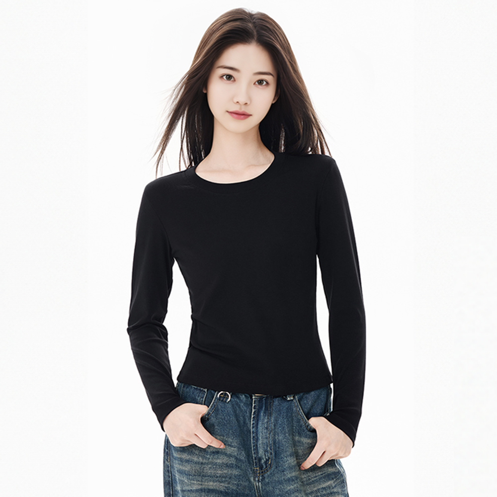슬림핏 세미크롭 긴팔티 여자 라운드 면티 레이어드 티셔츠 - 상품 이미지