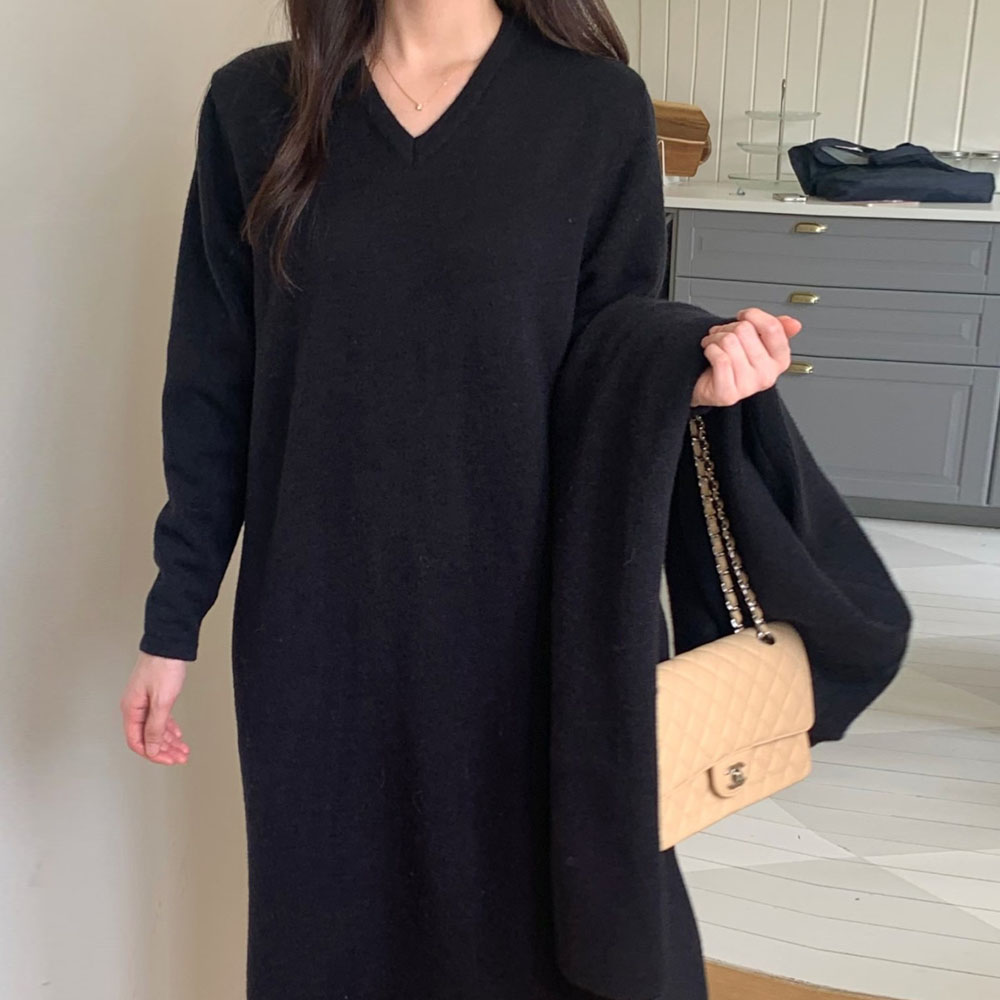 디어에이치 겨울 브이넥 니트 롱 H라인 부드러운 맥시 원피스 하객룩