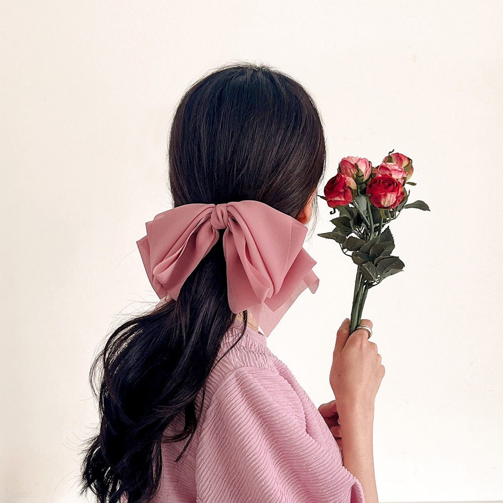 리본자동헤어핀 쉬폰 겹날개 러블리 헤어핀(핑크) 리본핀 큐빅헤어핀 - 상세 이미지 3