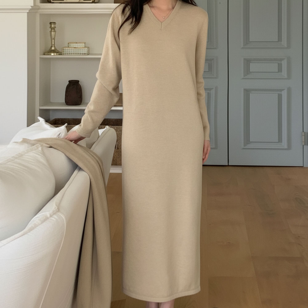 디어에이치 겨울 브이넥 니트 롱 H라인 부드러운 맥시 원피스 하객룩
