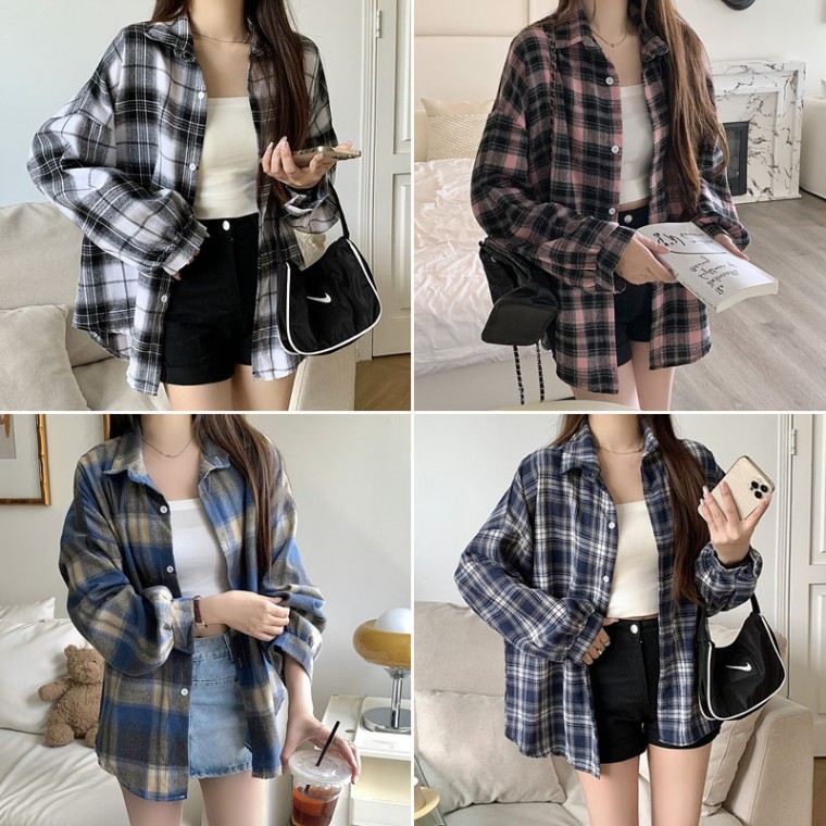 여성 여자 오버핏 루즈핏 캐쥬얼 가을 남방 체크셔츠 긴팔티 - 상품 이미지