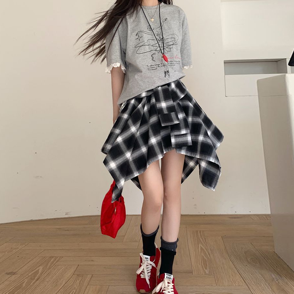 F007594_[안감속바지] 셔츠묶음 레이어드 체크언발 밴딩스커트 - 상세 이미지 4