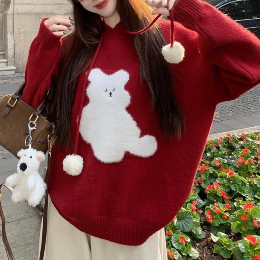 포근 퍼 베어 니트 오버핏 후디 2color - 상품 이미지