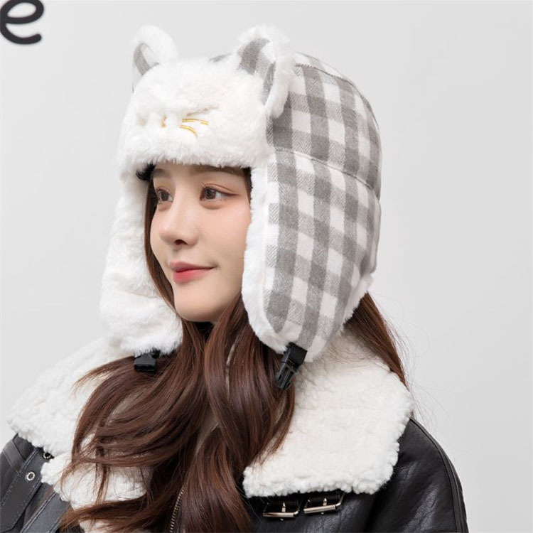 체크 귀달이 고양이 ELM-093 방한모자 고양이 귀달이 캣츠 털모자 - 상품 이미지