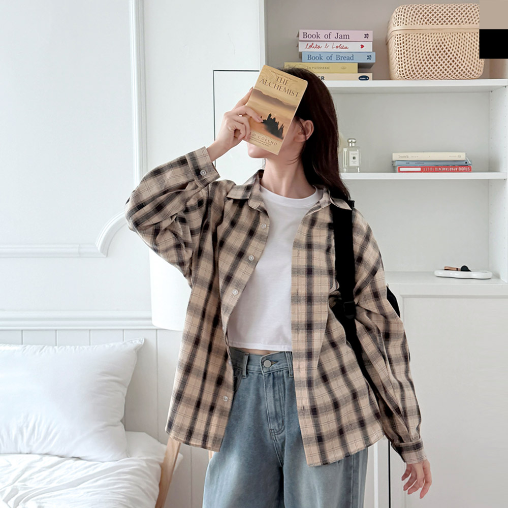 GQQ SF1039W 여자 오버핏 빅사이즈 데일리 체크 남방 셔츠 - 상품 이미지