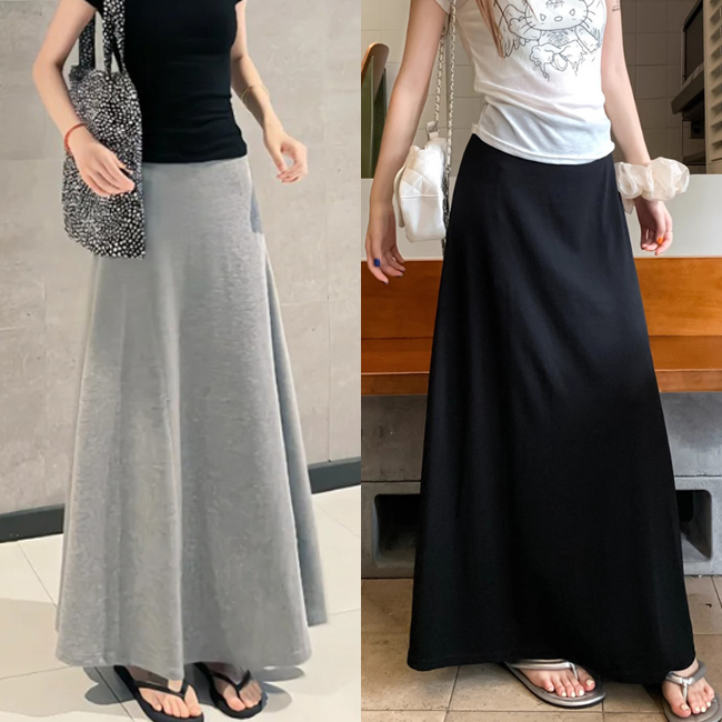 데일리 A라인 허리밴딩 롱 스커트 DHH-A98 - 상품 이미지