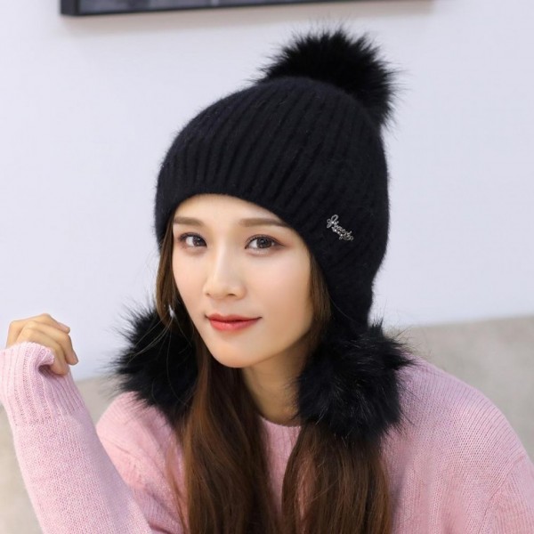 윈디 여성 앙고라 겨울 방한모자 털모자 블랙 겨울모자 니트모자 군밤모자 방한모 방울모자 귀 - 메인 이미지